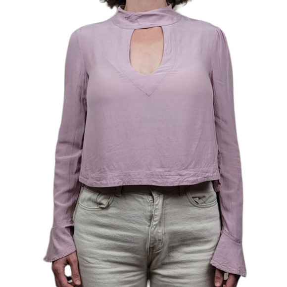Women's Free People Mauve Pink Key Hole Open Back Blouse Bell Sleeve Sz Sm - Picture 1 of 7